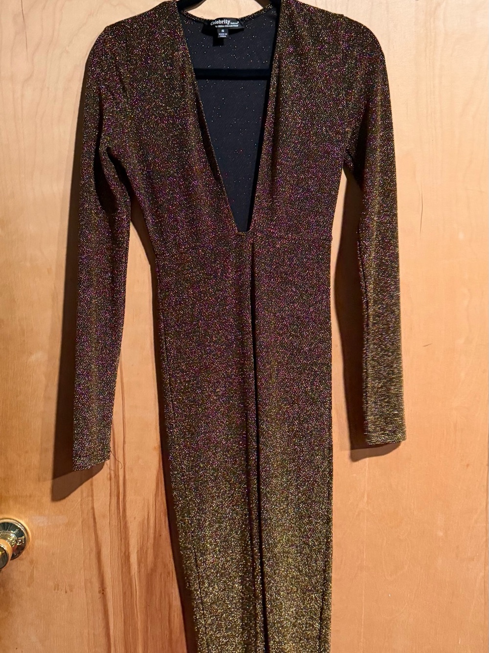 Celebrity Pink Metallic Gold Long Sleeve Sparkle Jumpsuit